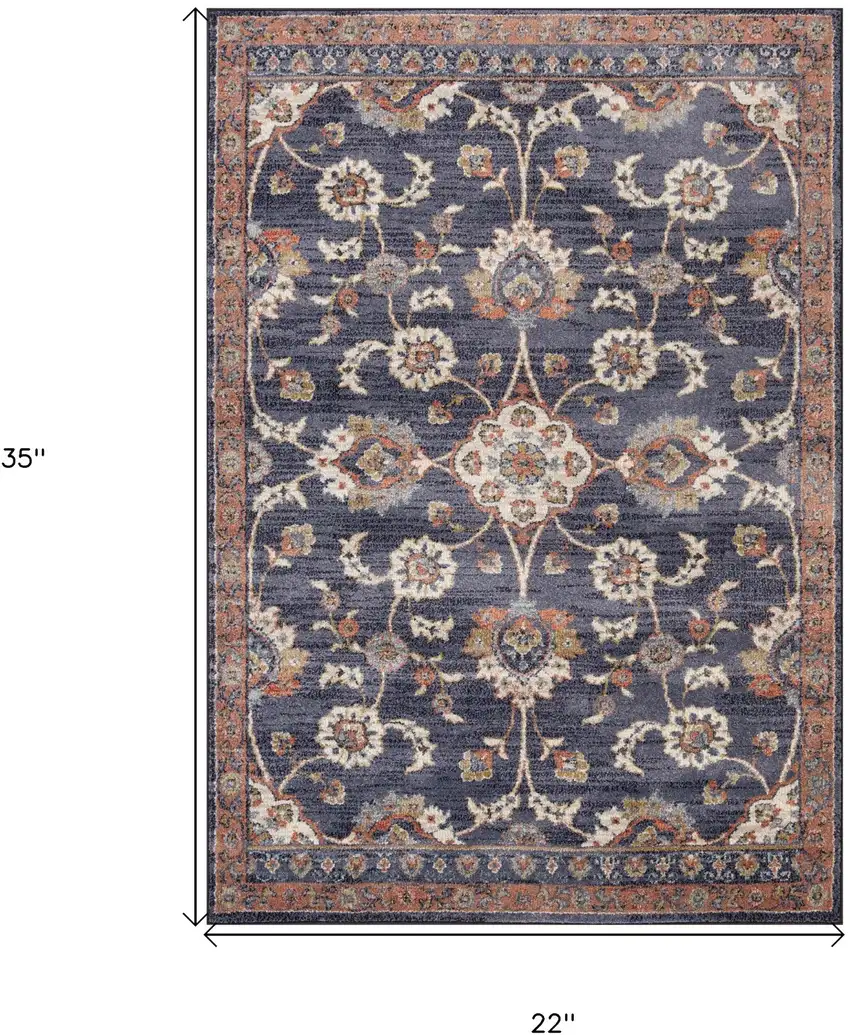 Navy Blue Floral Power Loom Area Rug With Fringe Photo 9