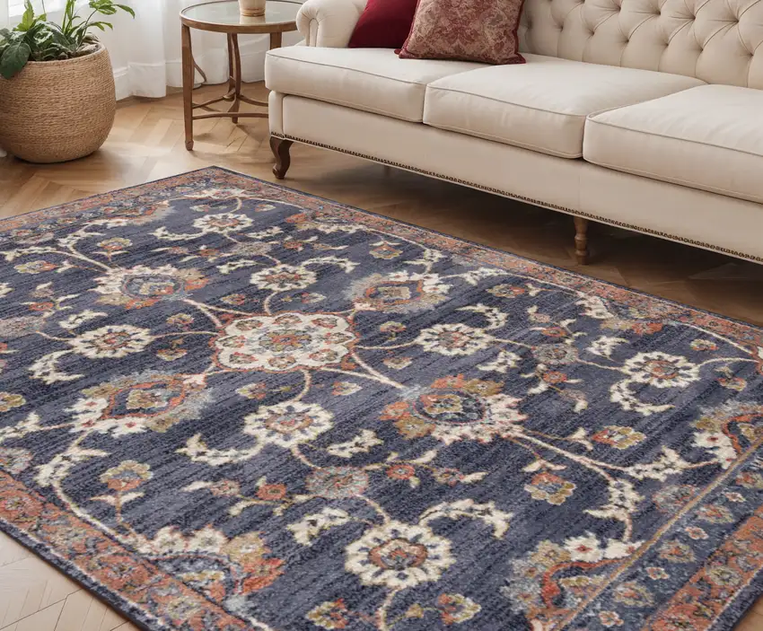 Ivory Navy and Orange Floral Power Loom Area Rug Photo 1