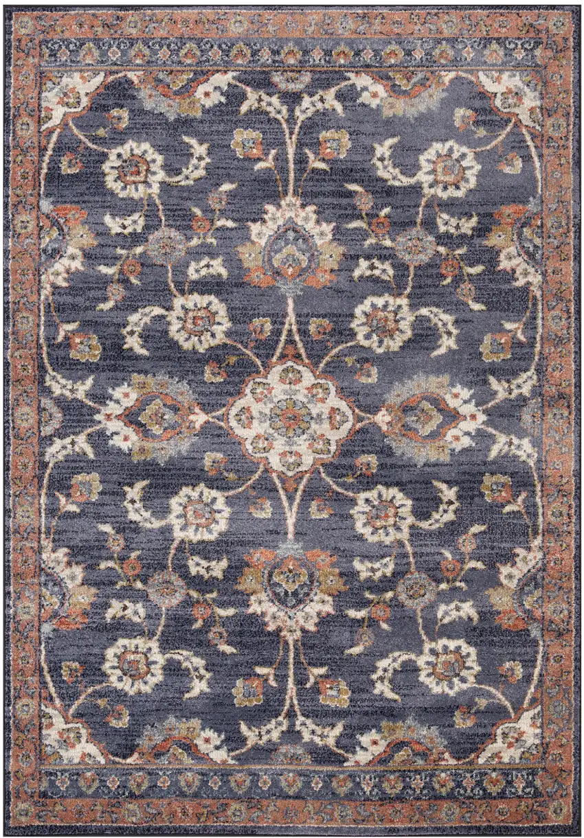 Navy Blue Floral Power Loom Area Rug With Fringe Photo 1