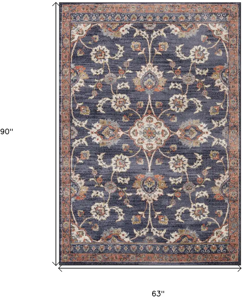 Navy Blue Floral Power Loom Area Rug With Fringe Photo 9