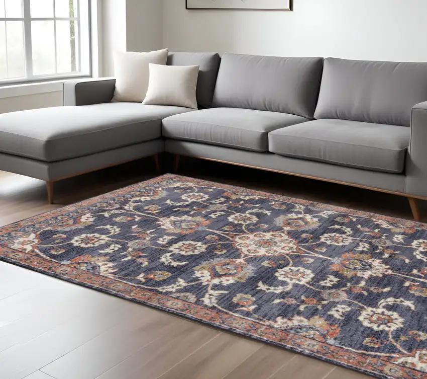 Ivory Navy and Orange Floral Power Loom Area Rug Photo 1