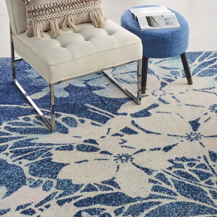 Navy Blue Floral Power Loom Area Rug Photo 5