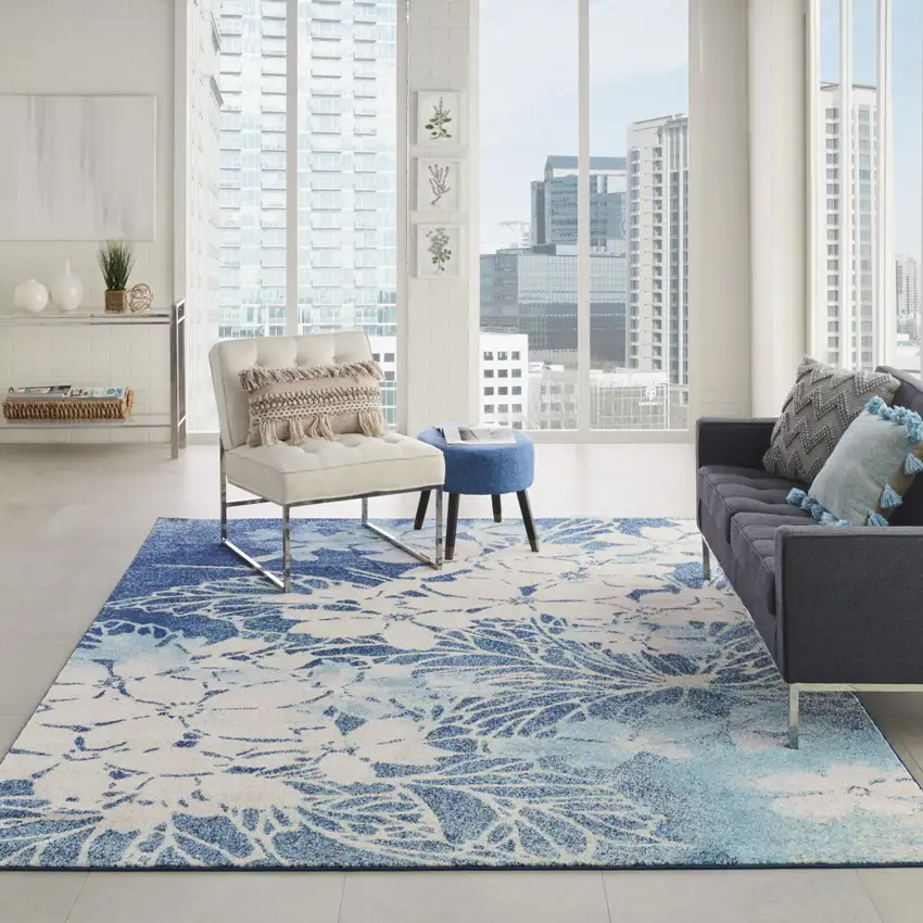 Navy Blue Floral Power Loom Area Rug Photo 4