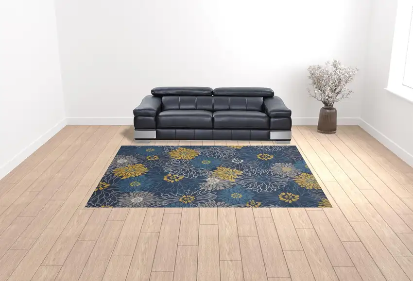 Navy Blue Floral Power Loom Area Rug Photo 3