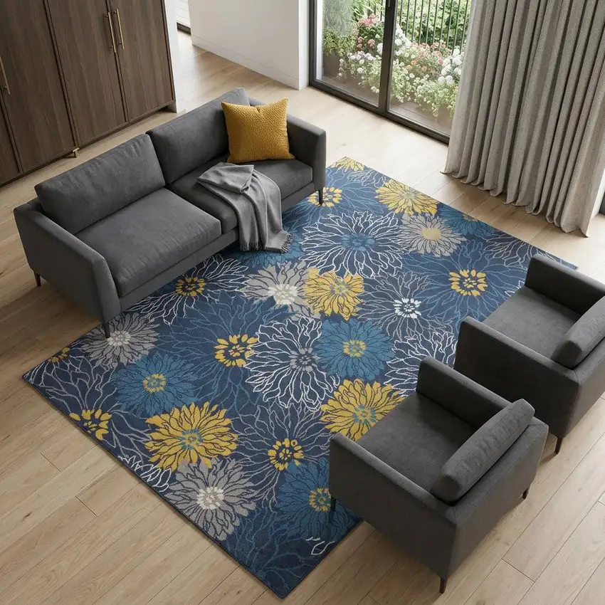 Navy Blue Floral Power Loom Area Rug Photo 1