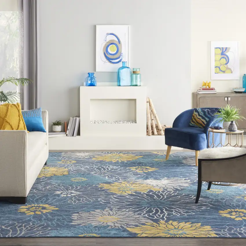 Navy Blue Floral Power Loom Area Rug Photo 7