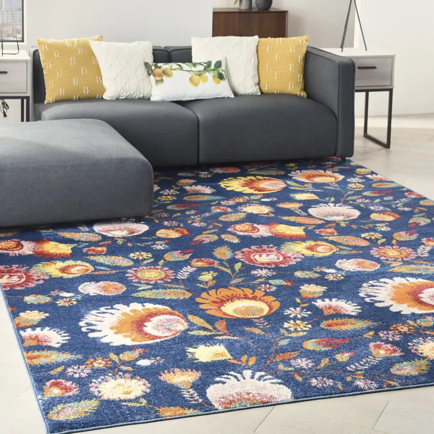 Navy Blue Floral Power Loom Area Rug Photo 4