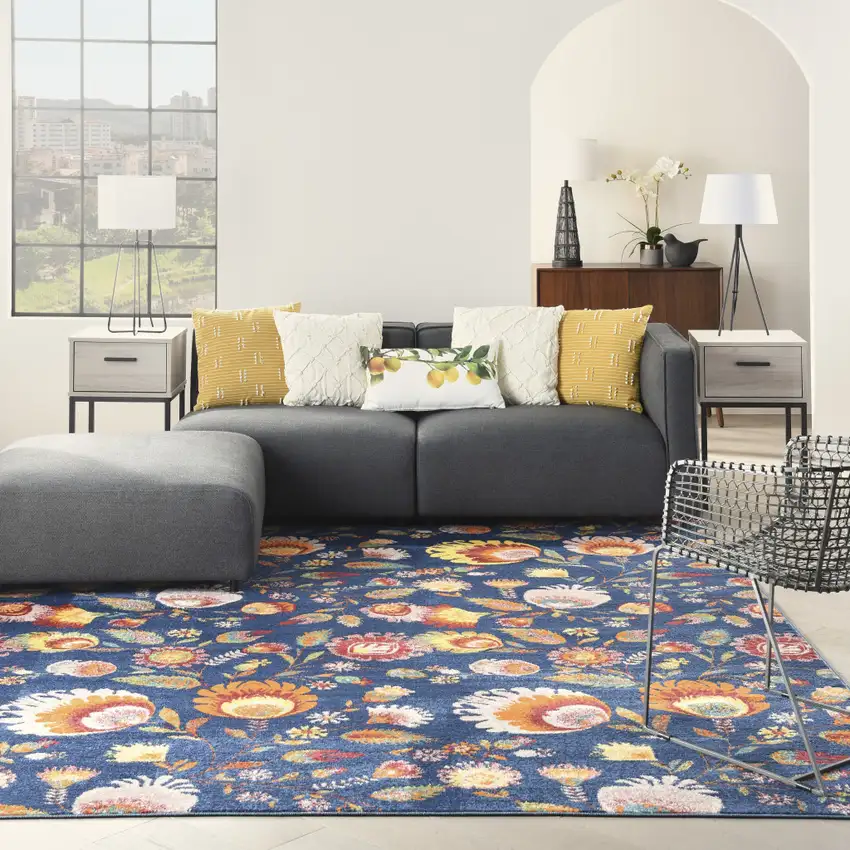 Navy Blue Floral Power Loom Area Rug Photo 5