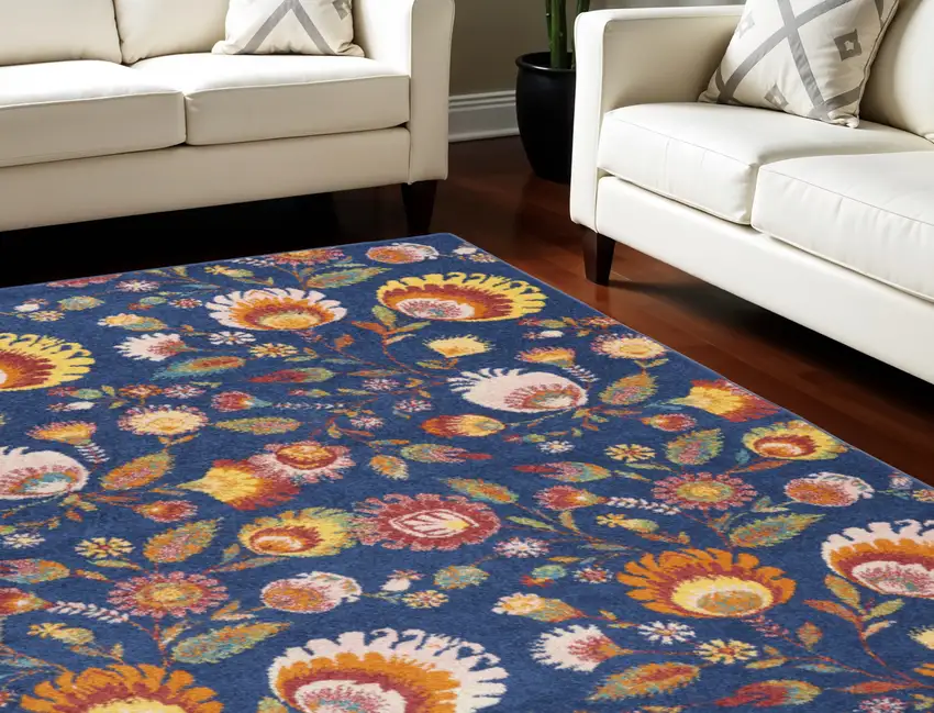 Navy Blue Floral Power Loom Area Rug Photo 1