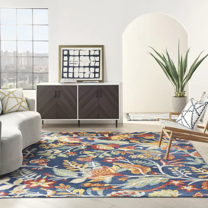 Navy Blue Floral Power Loom Area Rug Photo 6
