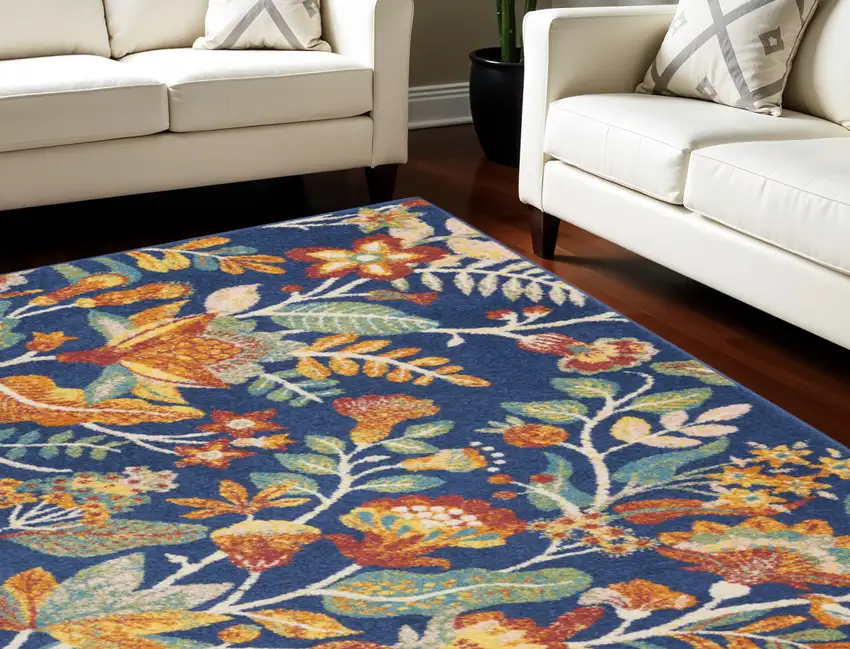 Navy Blue Floral Power Loom Area Rug Photo 1