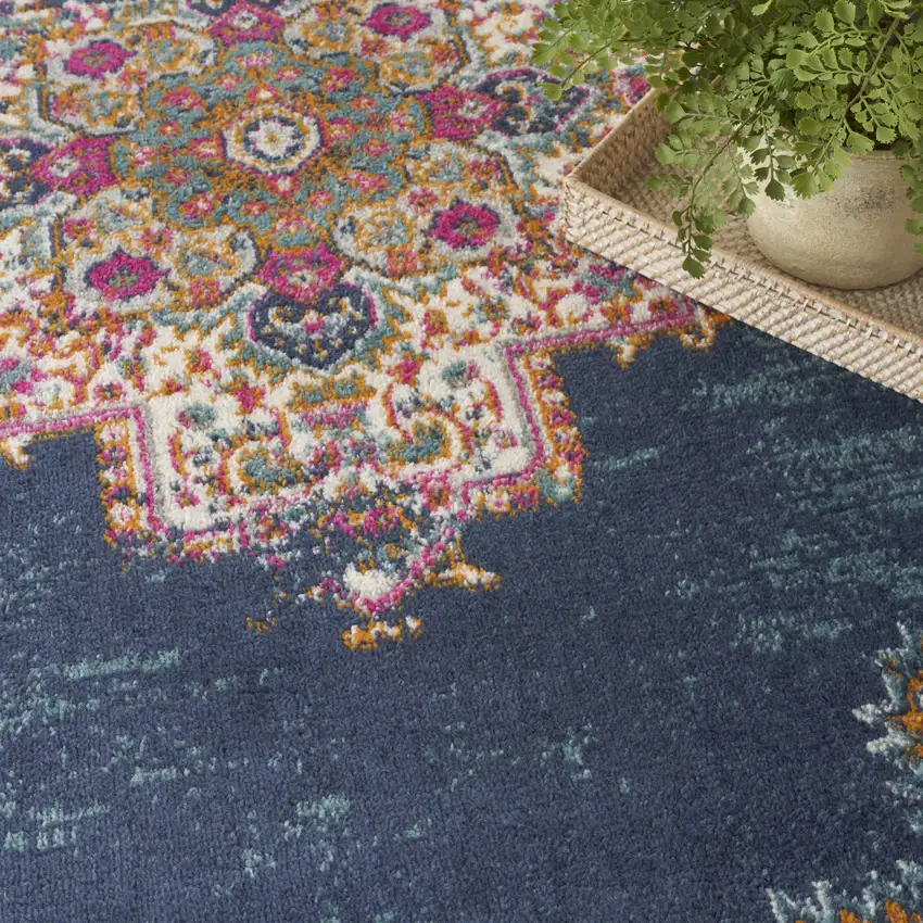 Navy Blue Floral Power Loom Distressed Area Rug Photo 4