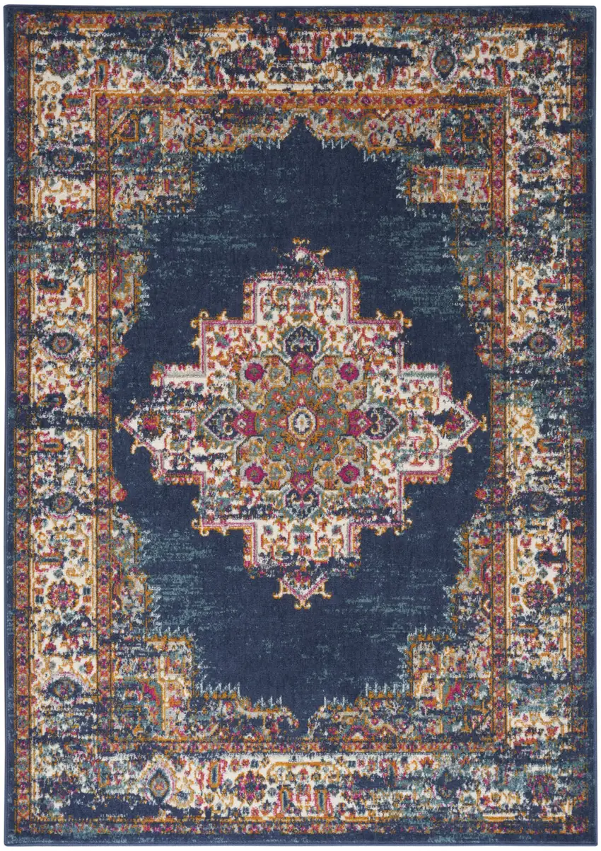 Navy Blue Floral Power Loom Distressed Area Rug Photo 8
