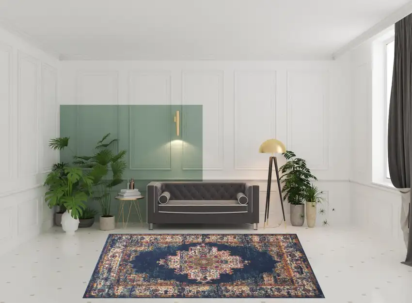 Navy Blue Floral Power Loom Distressed Area Rug Photo 2