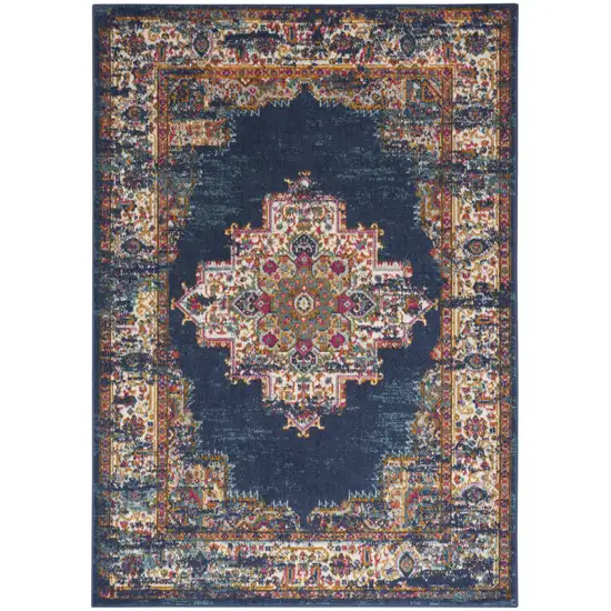 Navy Blue Floral Power Loom Distressed Area Rug Photo 9