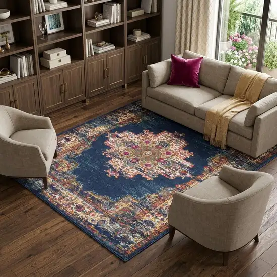 Navy Blue Floral Power Loom Distressed Area Rug Photo 1