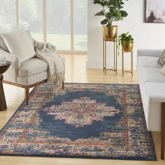 Navy Blue Floral Power Loom Distressed Area Rug Photo 3