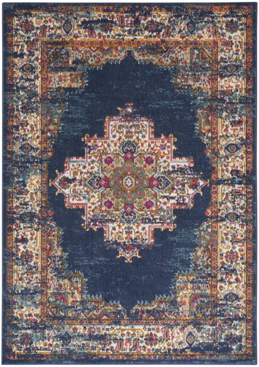 Navy Blue Floral Power Loom Distressed Area Rug Photo 1