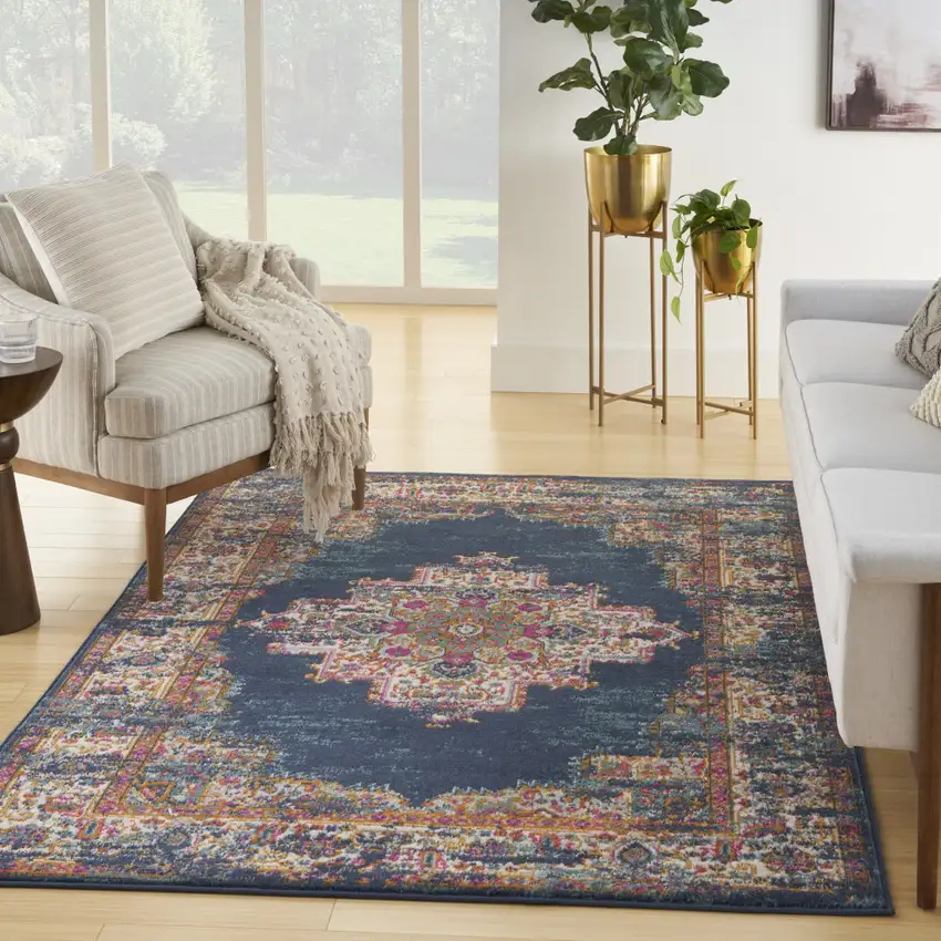 Navy Blue Floral Power Loom Distressed Area Rug Photo 4