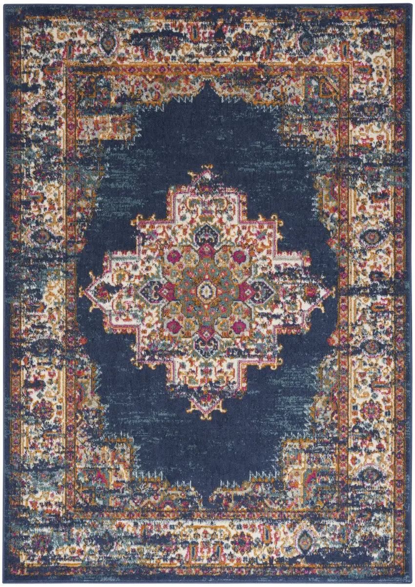 Navy Blue Floral Power Loom Distressed Area Rug Photo 2