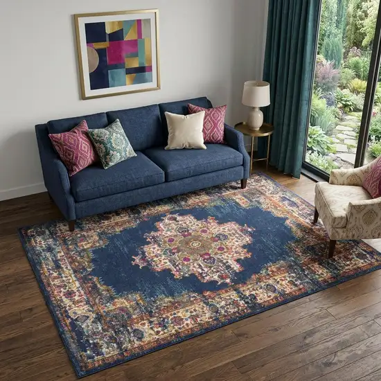 Navy Blue Floral Power Loom Distressed Area Rug Photo 1