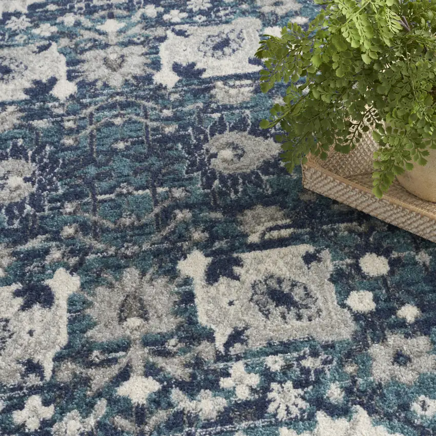 Navy Blue Floral Power Loom Distressed Area Rug Photo 5