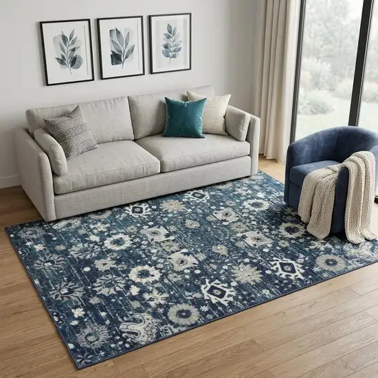 Navy Blue Floral Power Loom Distressed Area Rug Photo 1