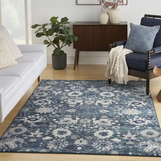 Navy Blue Floral Power Loom Distressed Area Rug Photo 5