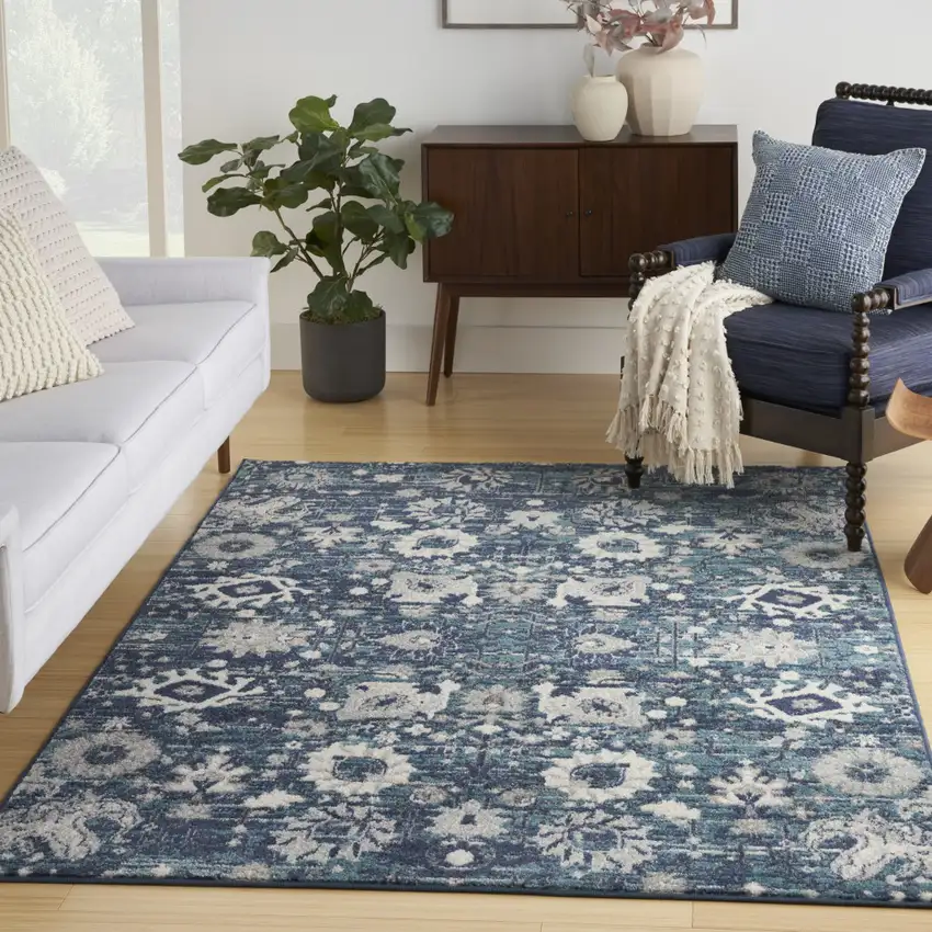 Navy Blue Floral Power Loom Distressed Area Rug Photo 5