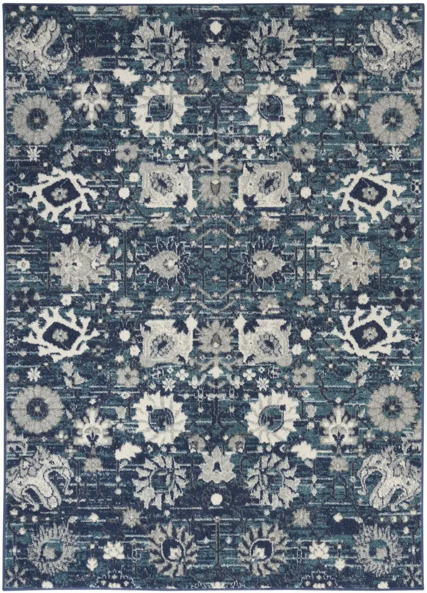 Navy Blue Floral Power Loom Distressed Area Rug Photo 7