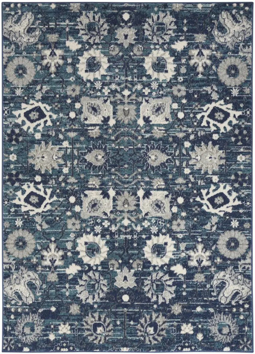 Navy Blue Floral Power Loom Distressed Area Rug Photo 1