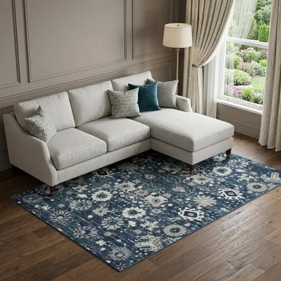 Navy Blue Floral Power Loom Distressed Area Rug Photo 1