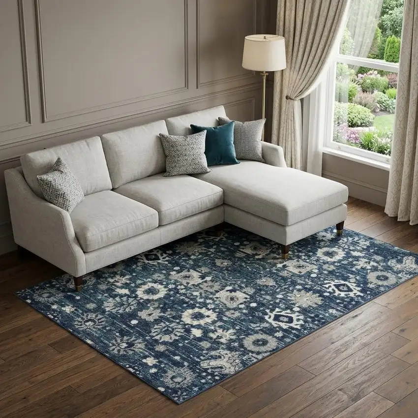 Navy Blue Floral Power Loom Distressed Area Rug Photo 1
