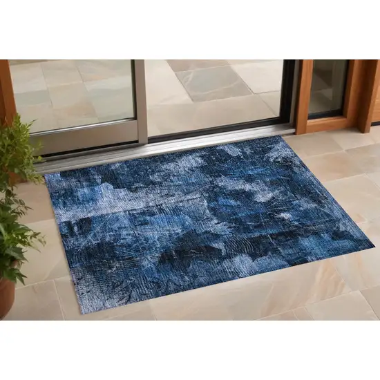 Navy Blue Floral Washable Non Skid Indoor Outdoor Area Rug Photo 1