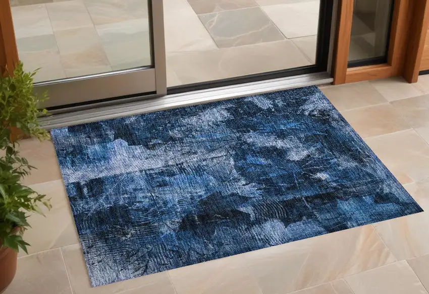 Navy Blue Floral Washable Non Skid Indoor Outdoor Area Rug Photo 1