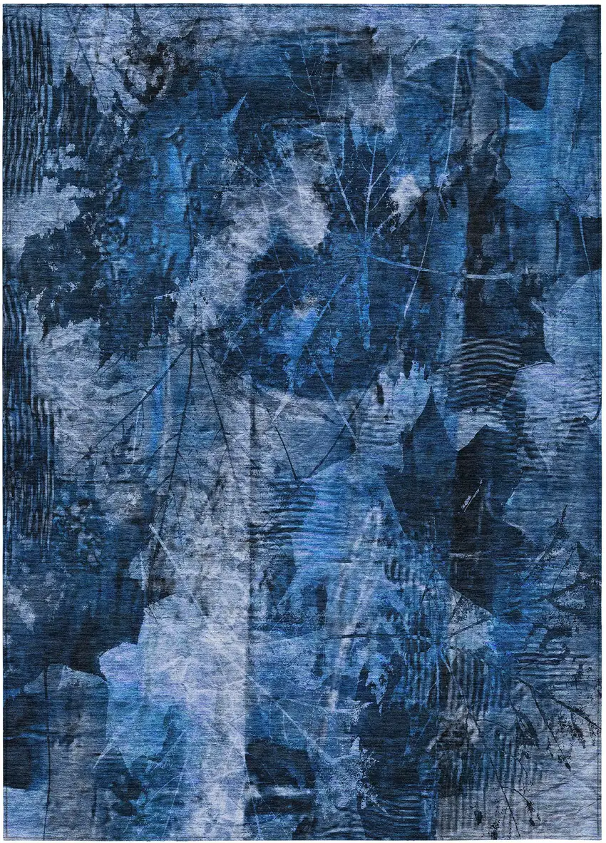 Navy Blue Floral Washable Non Skid Indoor Outdoor Area Rug Photo 2