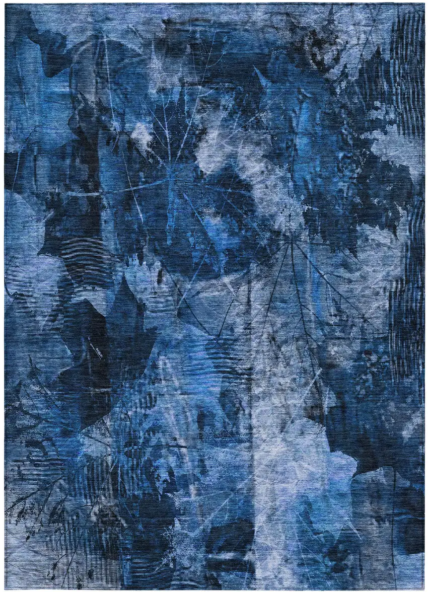 Navy Blue Floral Washable Non Skid Indoor Outdoor Area Rug Photo 4