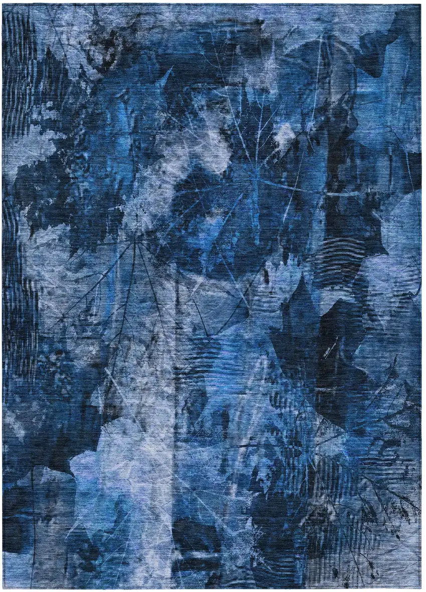 Navy Blue Floral Washable Non Skid Indoor Outdoor Area Rug Photo 2