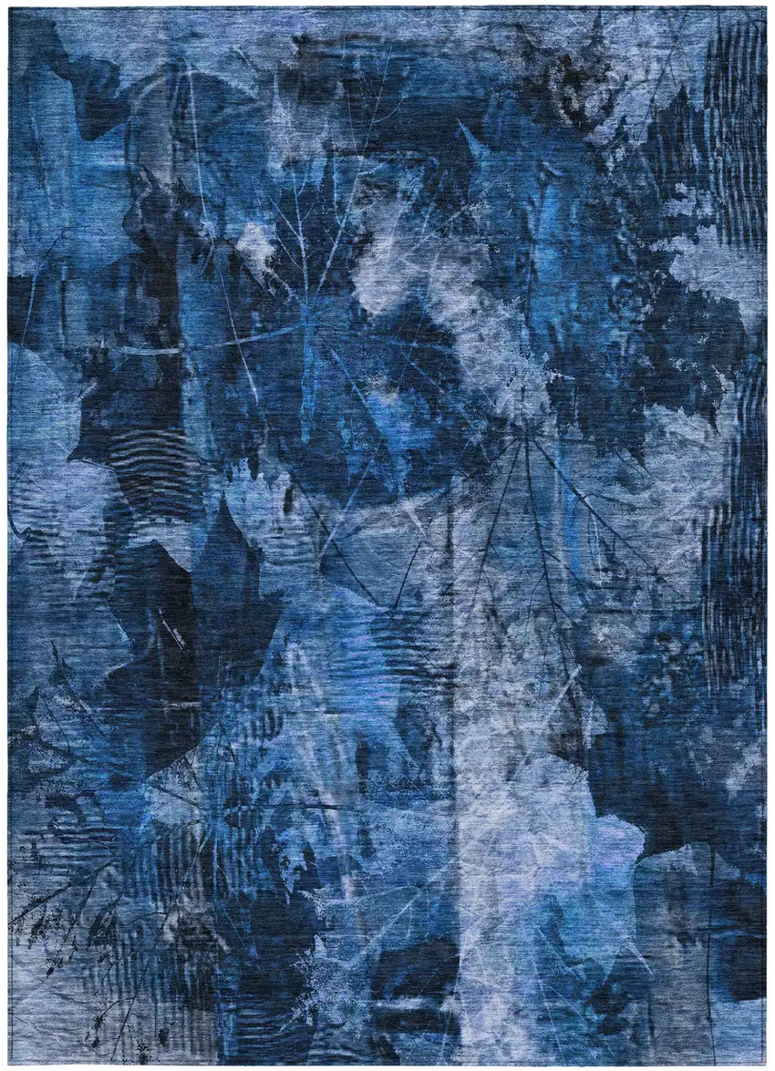 Navy Blue Floral Washable Non Skid Indoor Outdoor Area Rug Photo 5