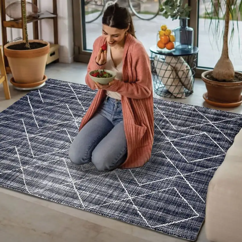 Navy Blue Geometric Hand Woven Area Rug Photo 6