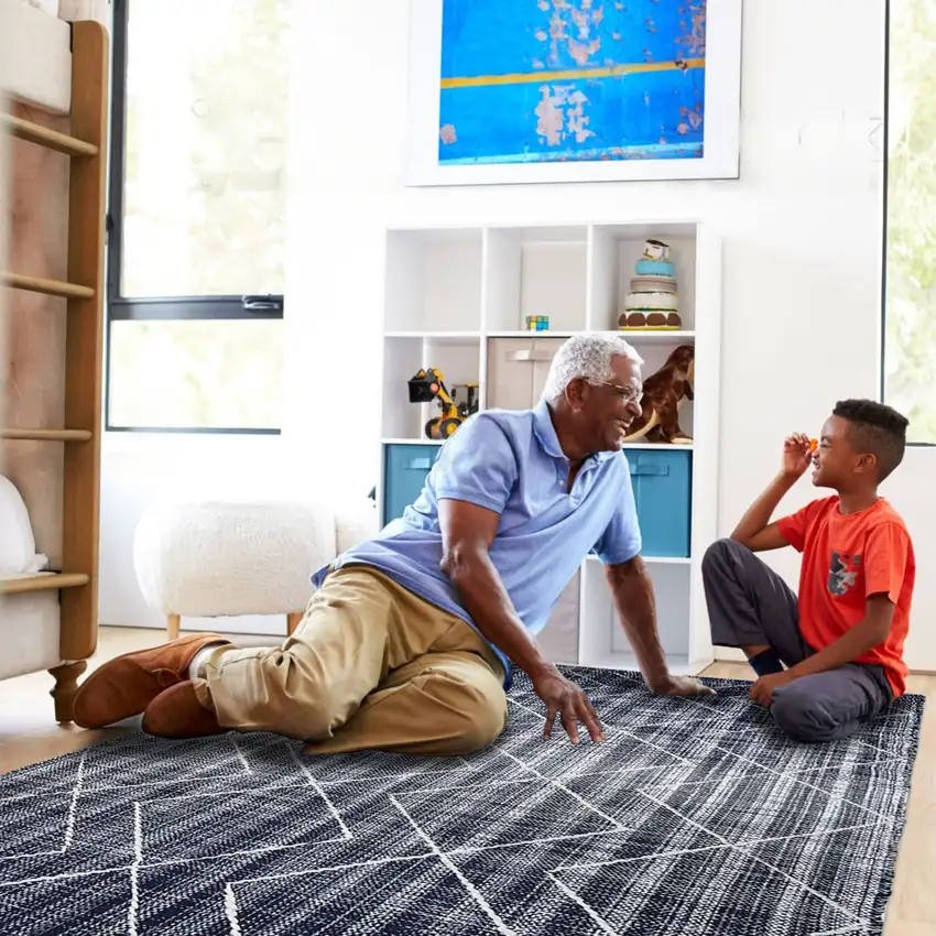 Navy Blue Geometric Handmade Indoor Outdoor Area Rug Photo 6