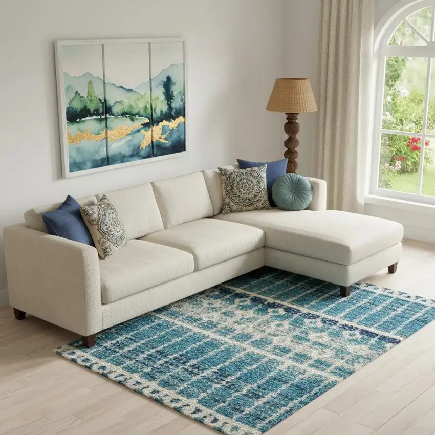 Navy Blue Geometric Power Loom Area Rug Photo 1