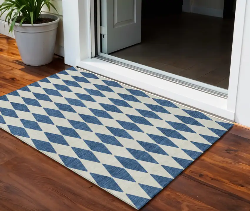 Navy Blue Geometric Washable Indoor Outdoor Area Rug Photo 1