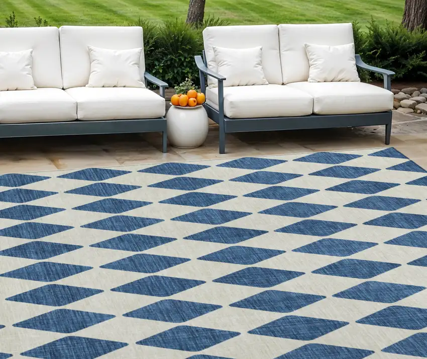 Navy Blue Geometric Washable Indoor Outdoor Area Rug Photo 1