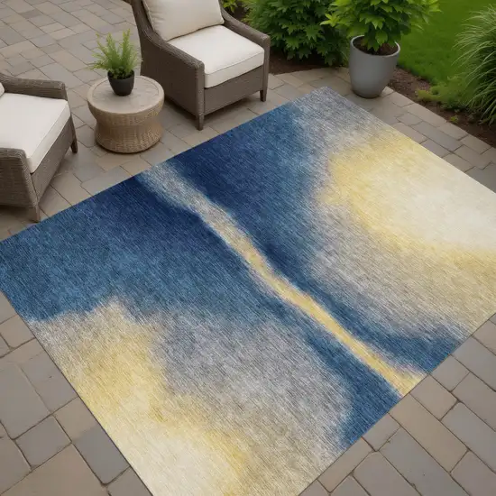 Navy Blue Gold And Beige Abstract Washable Indoor Outdoor Area Rug Photo 5