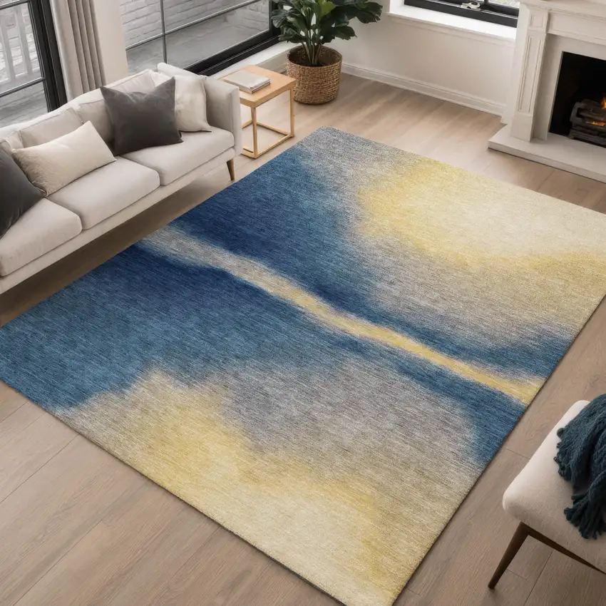 Navy Blue Gold And Beige Abstract Washable Indoor Outdoor Area Rug Photo 3