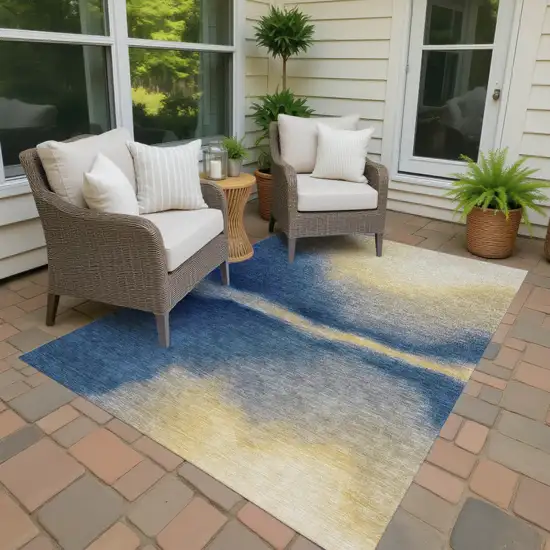 Navy Blue Gold And Beige Abstract Washable Indoor Outdoor Area Rug Photo 2