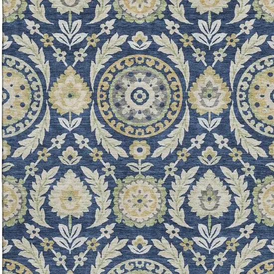 Navy Blue Gold And Beige Floral Washable Area Rug With UV Protection Photo 3