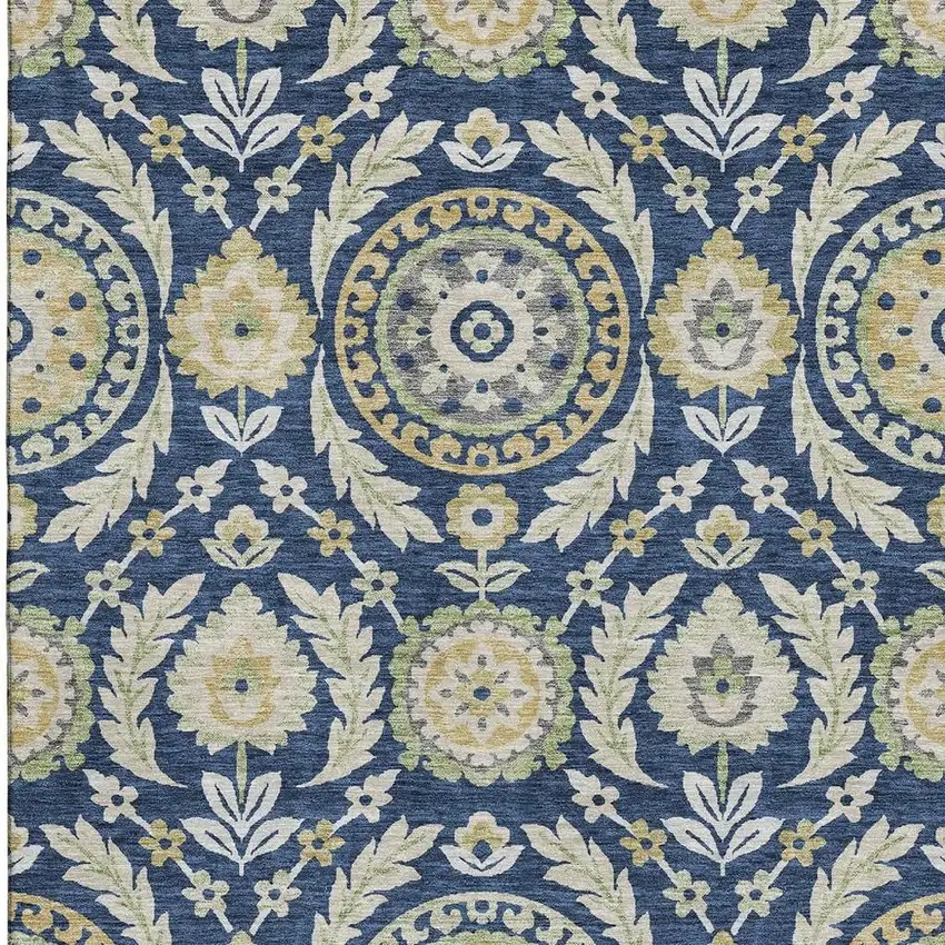 Navy Blue Gold And Beige Floral Washable Area Rug With UV Protection Photo 3