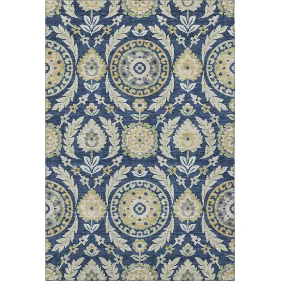 Navy Blue Gold And Beige Floral Washable Area Rug With UV Protection Photo 4